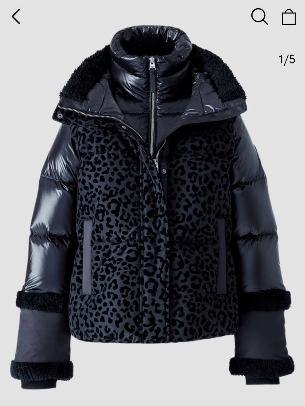 Mackage Womans Black Leopard Print Mixed-Media Puffer Jacket